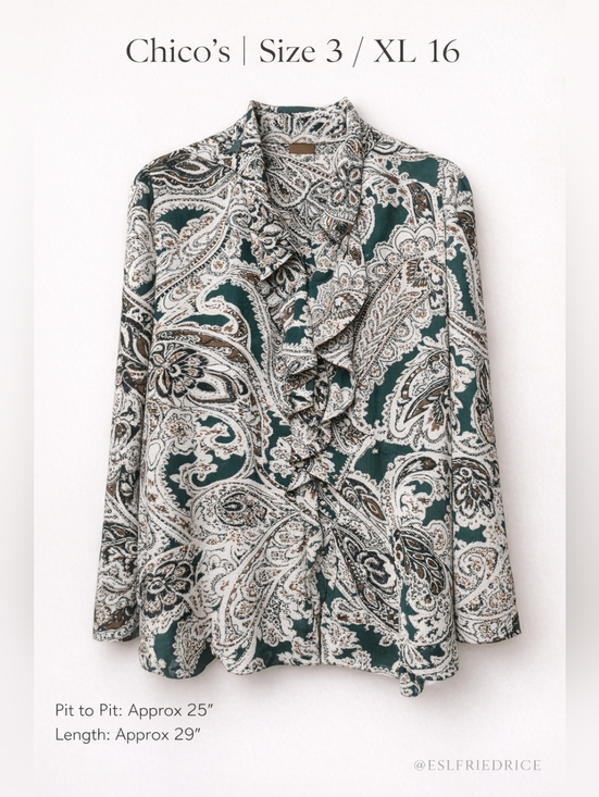 Chico's Tops - Chico’s Paisley Ruffle Blouse XL 16 Size 3 Green Brown Long Sleeve Career Top